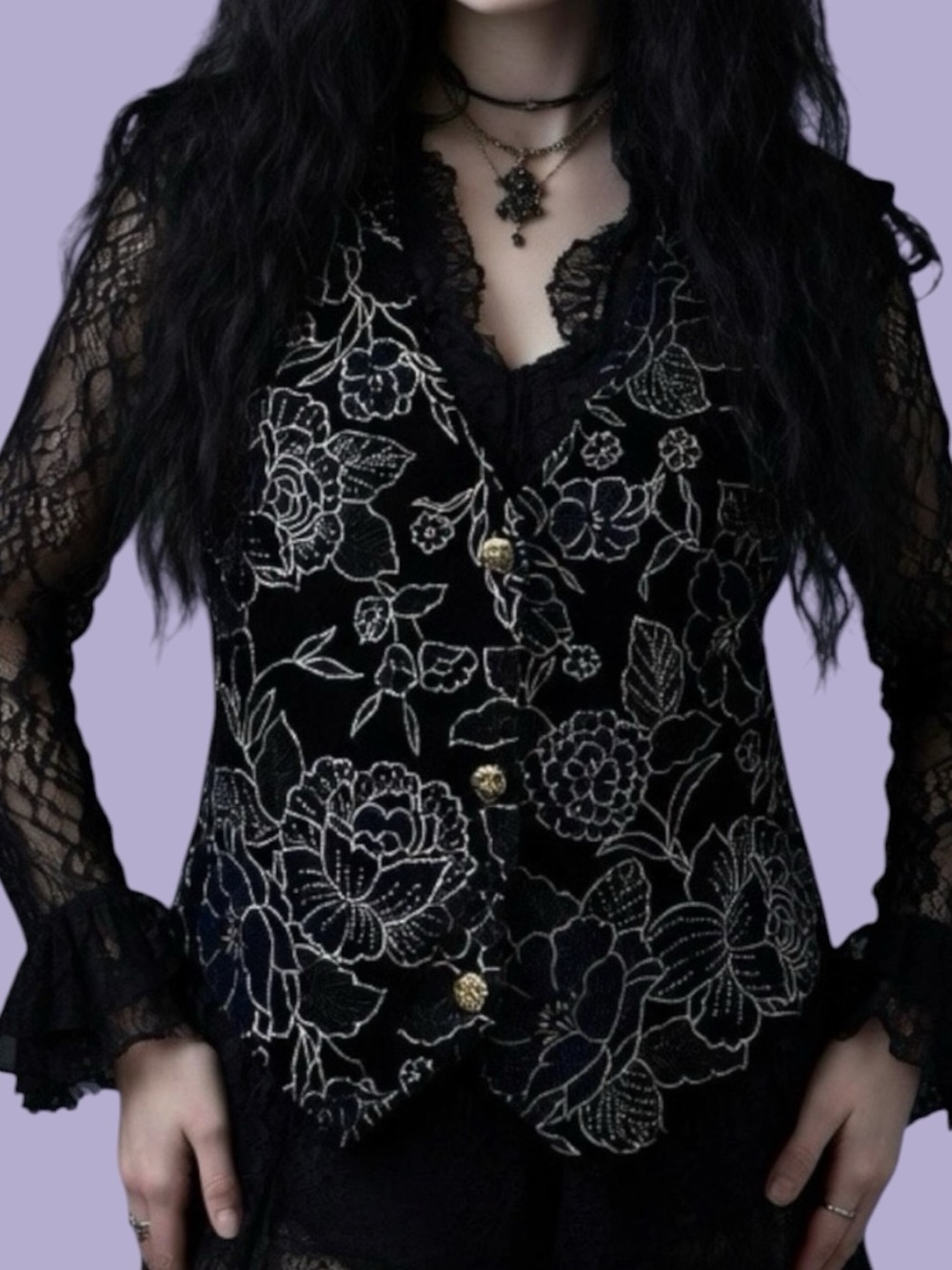 90s Velvet Black & Gold Embroidered Vest